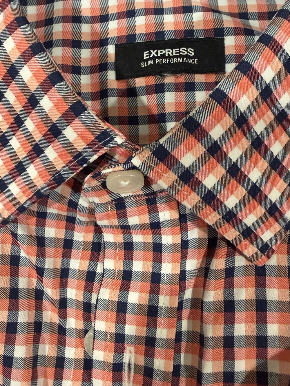 Express Slim Performance Coral and Navy Check Dress Shirt